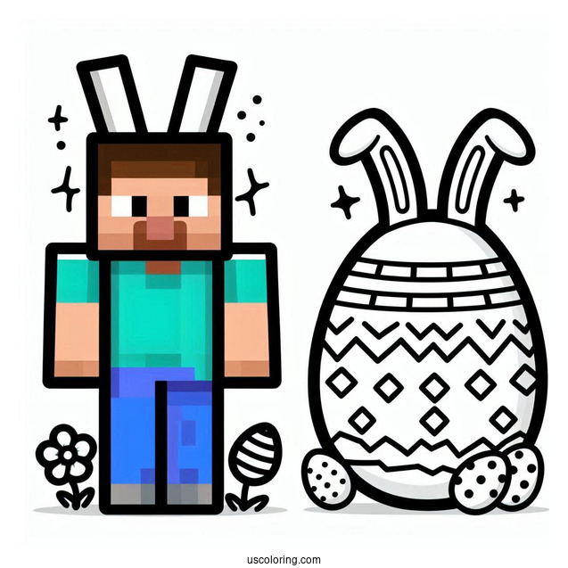 Minecraft Steve With Bunny Ears And Easter Coloring Page Of Eggs