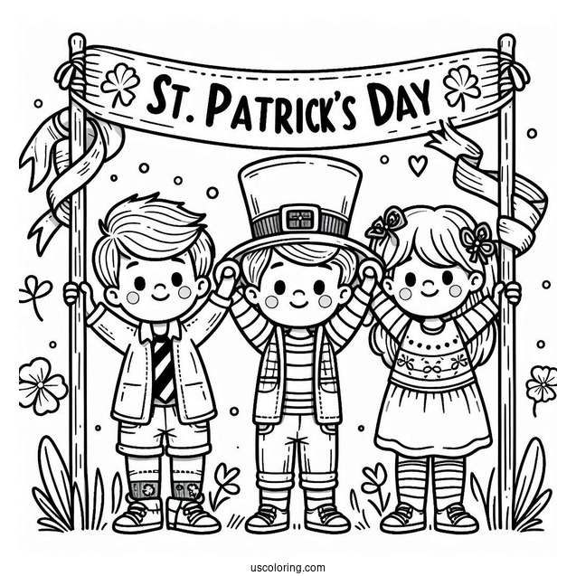 St. Patrick's Day Coloring Page Kids Holding Of A St Patrick s Day Banner