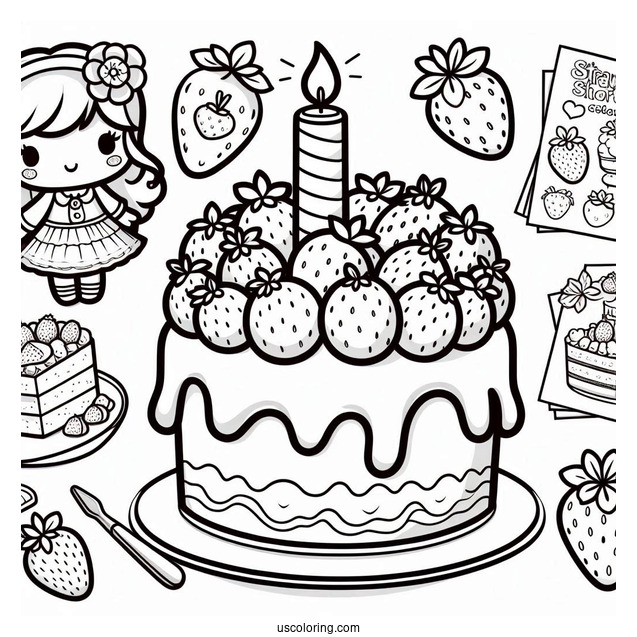 Strawberry Shortcake Coloring Page With Birthday Cake