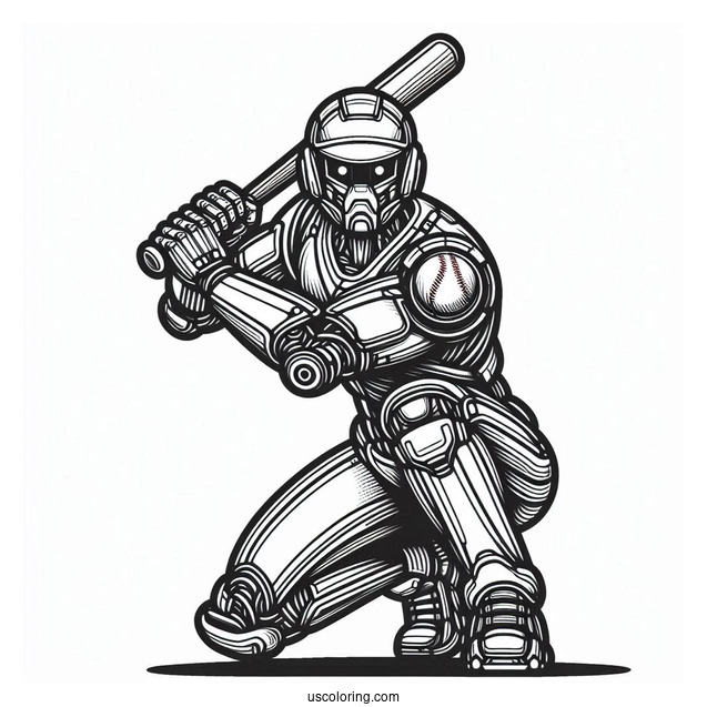 Cool Futuristic Robot Baseball Coloring Page Of Player Ready to Bat