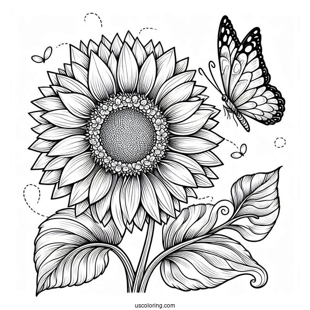 Sunflower With Butterfly Coloring Page