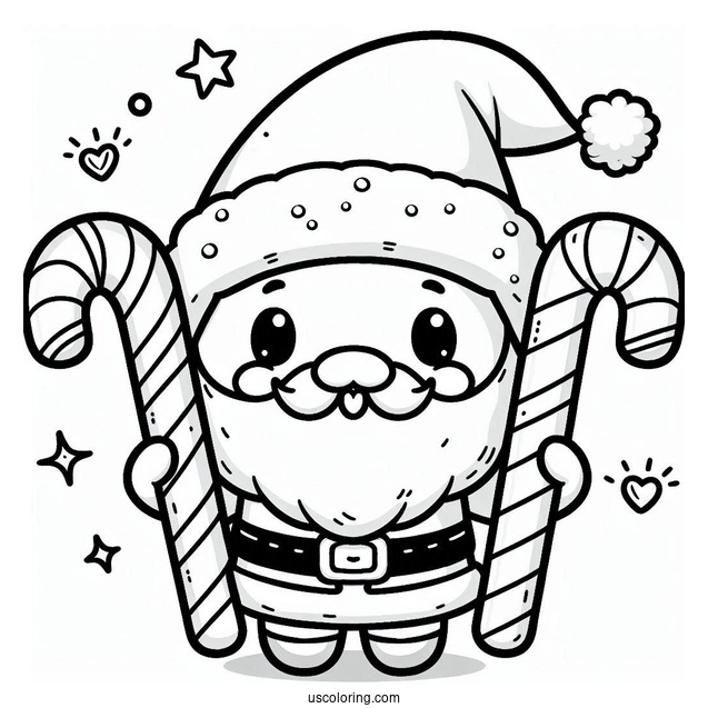 Kawaii Themed Santa With Candy Canes To Color