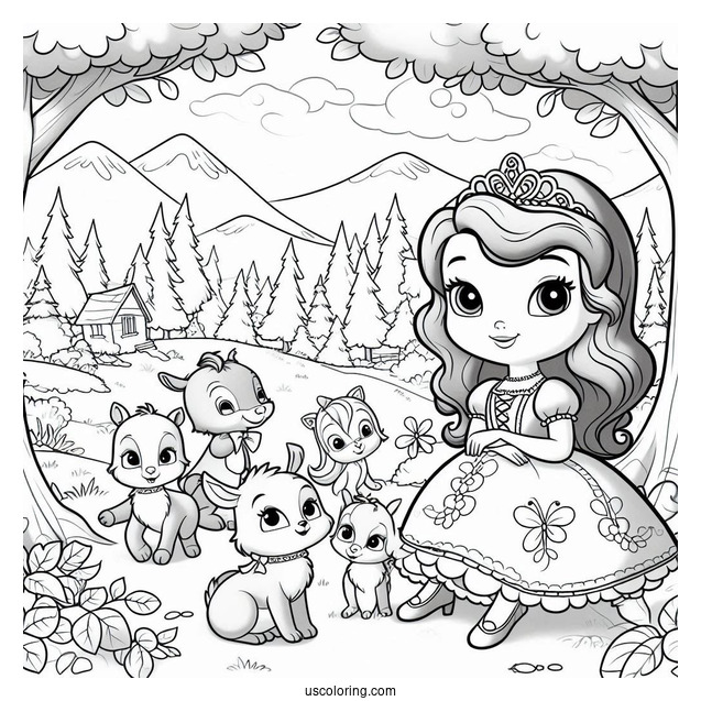 Sofia The First Coloring Page In The Forest With Animal Friends