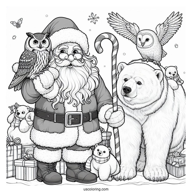 North Pole Coloring Page Of Realistic Santa Claus With An Owl And Polar Bears