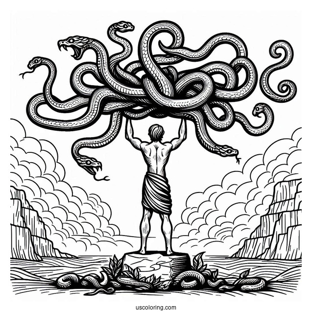Medusa Coloring Page With Giant Snake Standing On Man Who Turned To Stone