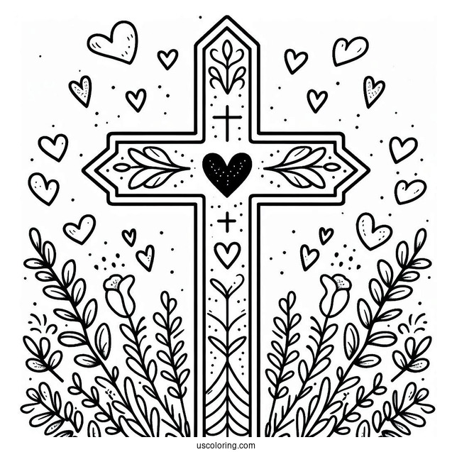 Cross Coloring Page With Love Heart For Preschoolers