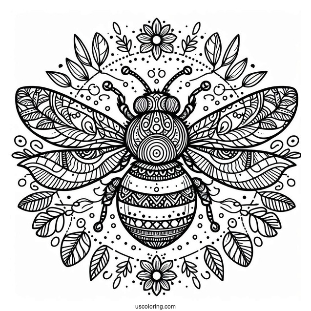 Complex Bumblebee In Nature Pattern Coloring Page