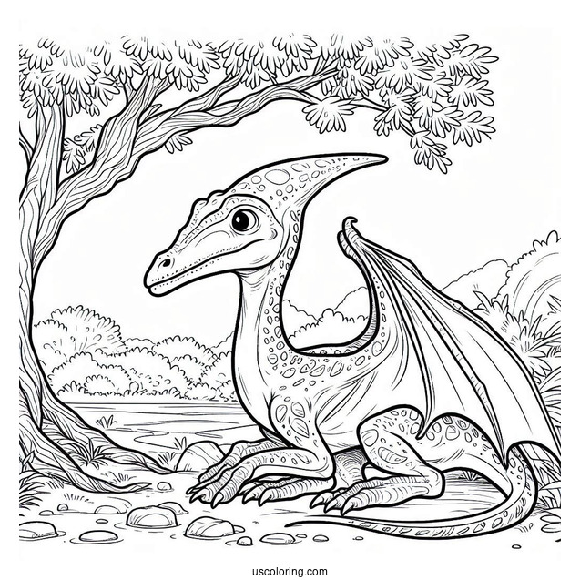 Pterodactyl Coloring Page Resting Beside Tree