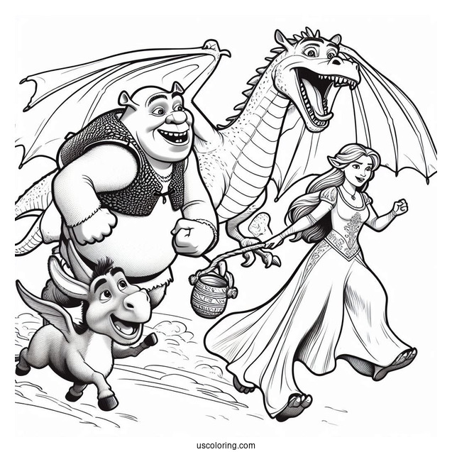 Shrek, Fiona And Donkey Running From Dragon