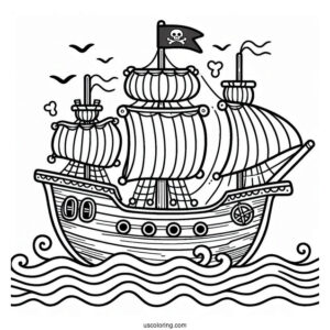 Easy Cute Pirate Ship Coloring Page With Waves For Preschoolers