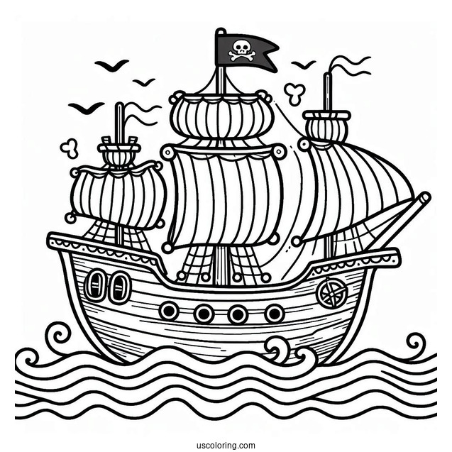 Easy Cute Pirate Ship Coloring Page With Waves For Preschoolers