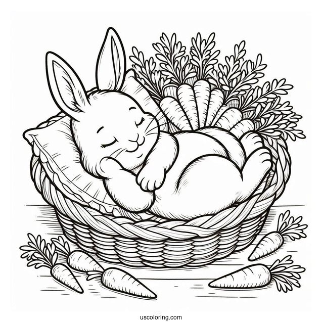 Peter Rabbit Coloring Page Lying On A Bed Of Carrots