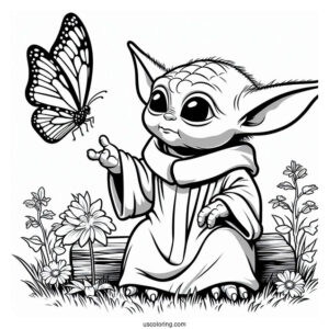Loveable Baby Yoda Looking At Butterfly
