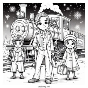 Conductor, Hero Boy, And Hero Girl In Front Of The Polar Express Coloring Page