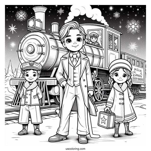 Conductor, Hero Boy, And Hero Girl In Front Of The Polar Express Coloring Page