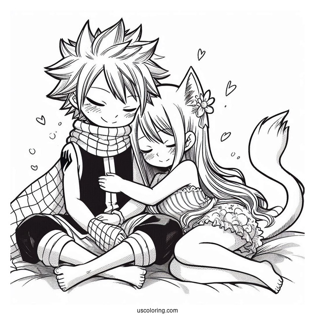 Manga Coloring Page Of Cute Fairy Tail Natsu And Lucy Cuddling