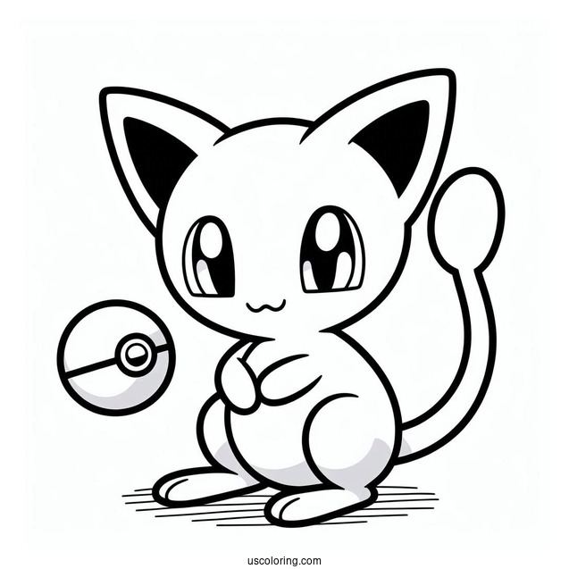 Easy Mew Coloring Page Holding Pokeball For Kids