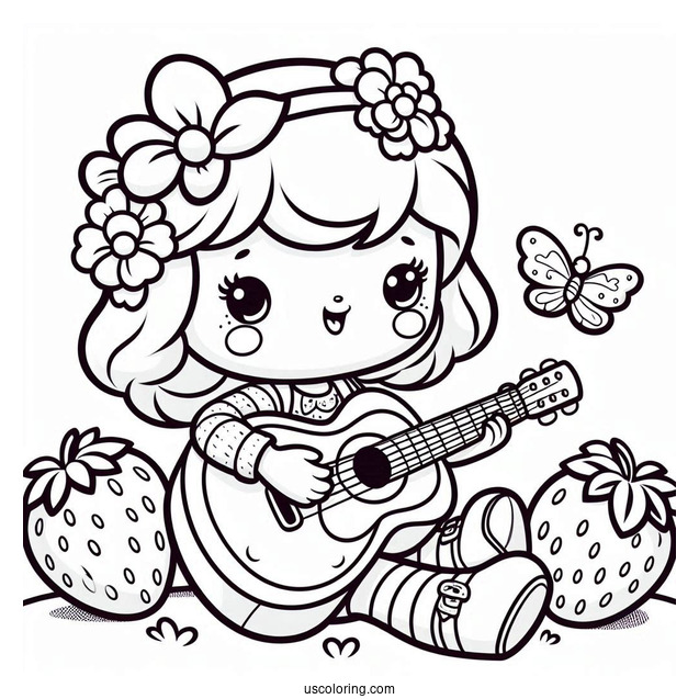 Strawberry Shortcake Coloring Page of Cherry Jam Playing Guitar