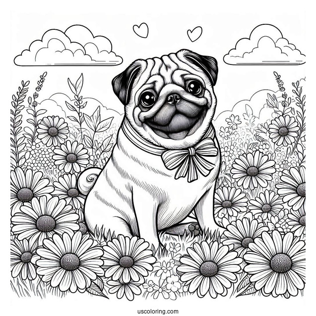 Coloring Sheet Of a Pug In Field Of Flowers