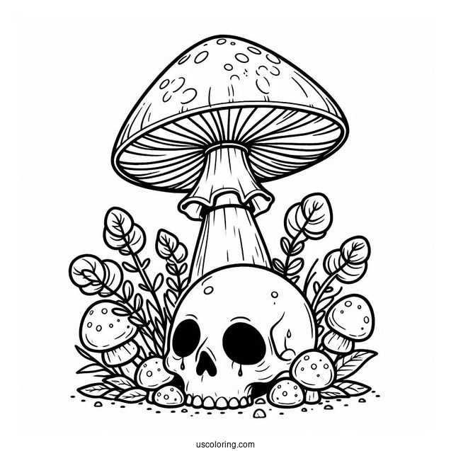 Mushroom Coloring Page Growing Around A Skull