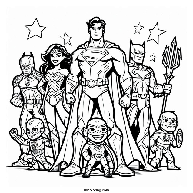 Cartoon Justice League Coloring Page With Major And Minor Characters