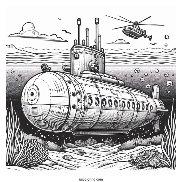 Submarine Coloring Page Of Realistic Submersible Under The Ocean