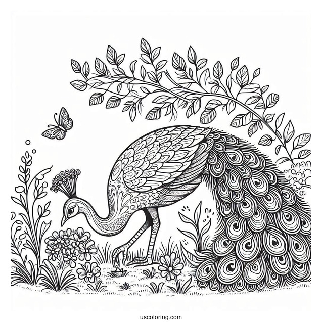 Peacock Finding Food In Meadow