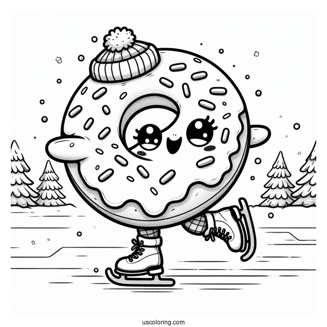 Excited Donut Coloring Page Ice Skating In Winter