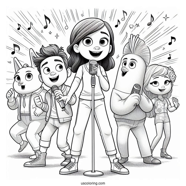 Sing Coloring Page Of Gunter, Rosita, Buster Moon, Johnny, Ash, And Meena In Sing Poster