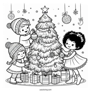 Children Decorating a Christmas Tree To Color