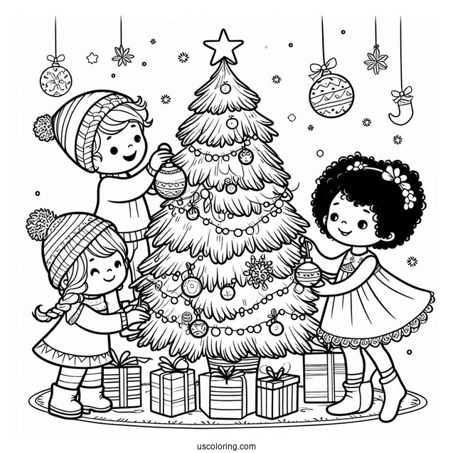 Children Decorating a Christmas Tree To Color