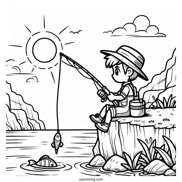 Fishing Coloring Page Of Boy Fishing On A Cliff For Kids