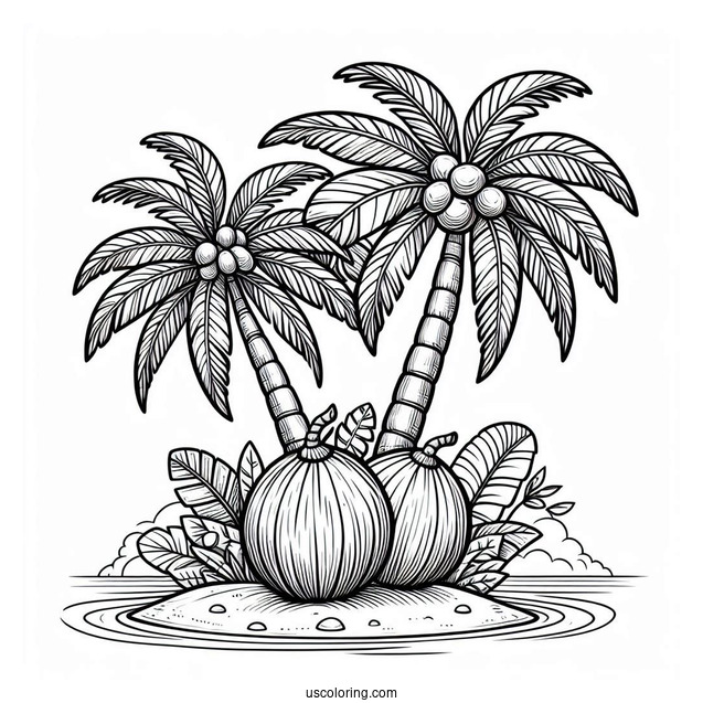 Two Large Coconut Coloring Page Trees On An Island