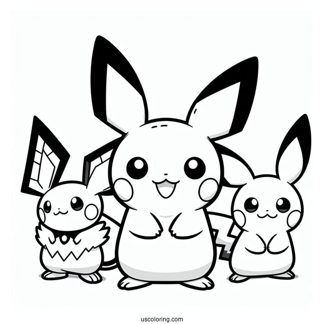 Coloring Sheet Of Pichu, Raichu, And Pikachu For Kids