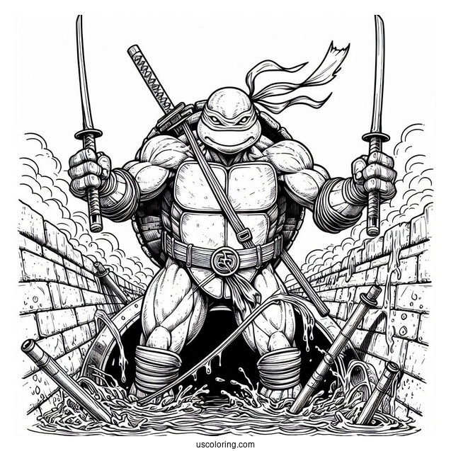 Ninja Turtles Coloring Page Of Adult Leonardo Using Dual Katana In Sewer
