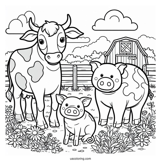 Cow And Pig On a Farm To Color