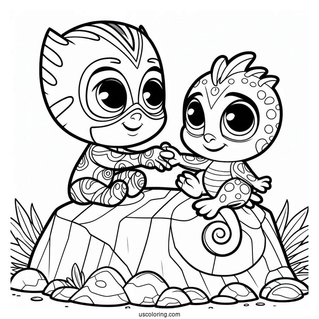 PJ Masks Coloring Page Of Octobella Holding Hands With Gekko On Rock