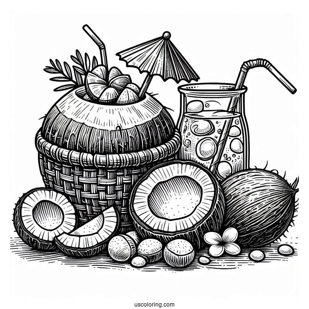 Coconut Coloring Page Juice With Straw On Top Of Fruit Baskets