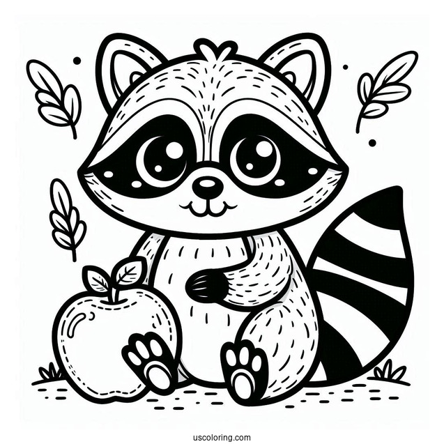 Easy Raccoon Coloring Page Holding Apple For Preschoolers