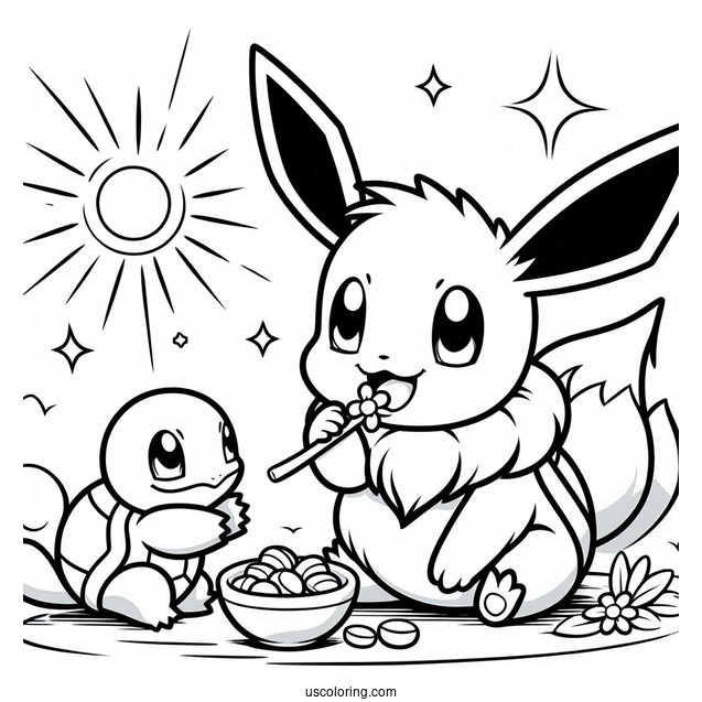 Eevee Eating With Squirtle Coloring Page