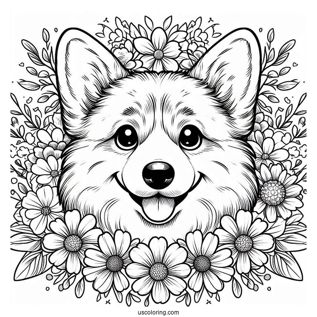 Corgi Coloring Page Face Surrounded By Flowers