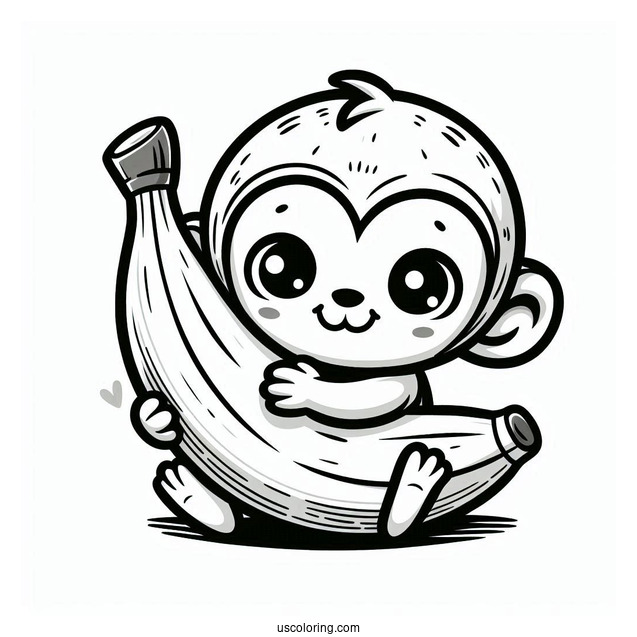 Cute Monkey Hugging A Large Banana Coloring Page