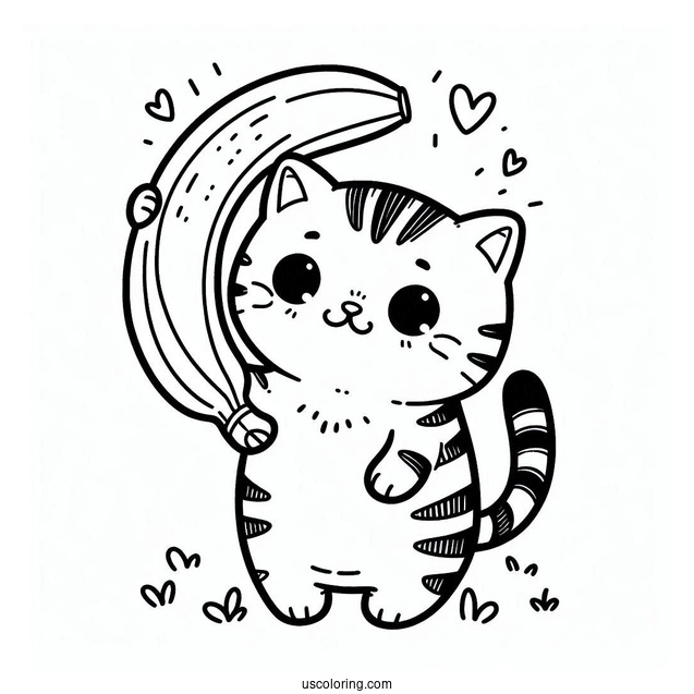 Tabby Cat Holding Up A Banana Coloring Page For Kids