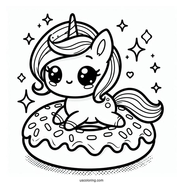 Kawaii Unicorn On A Donut Coloring Page