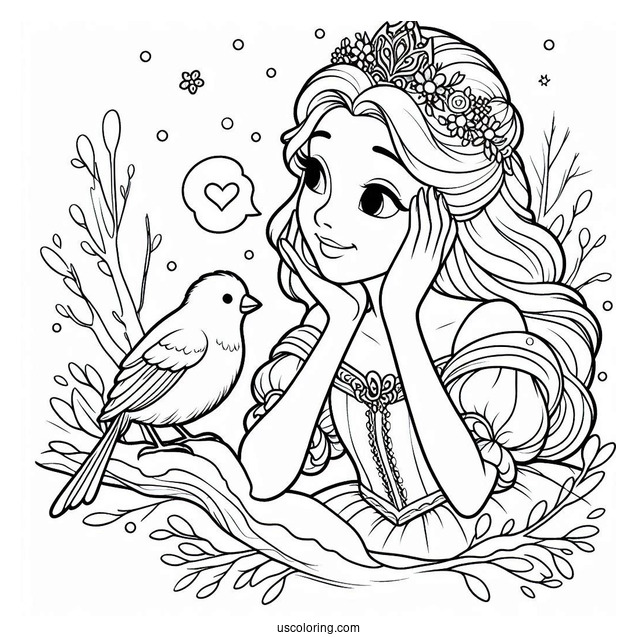 Princess Coloring Page Of Listening To A Bird In Winter