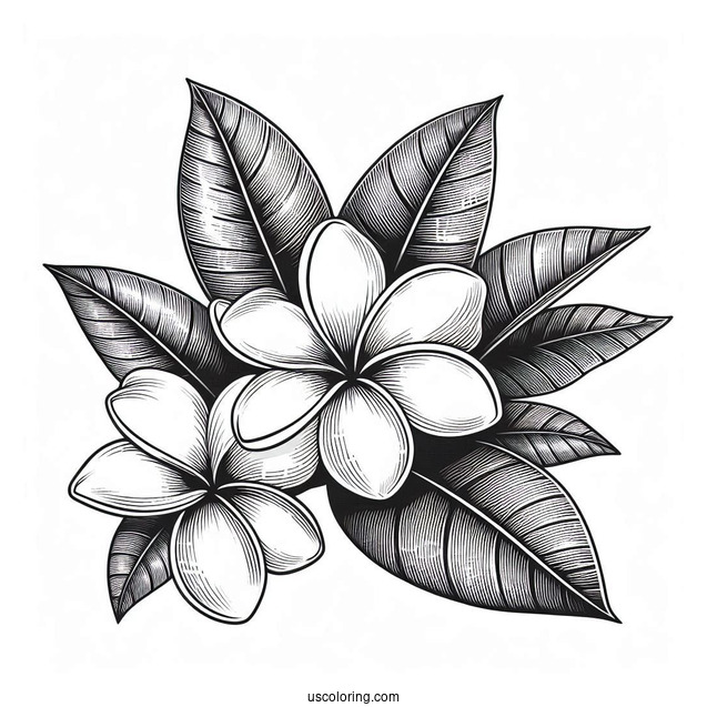 Flower Coloring Pages Of Plumerias On Large Leaves