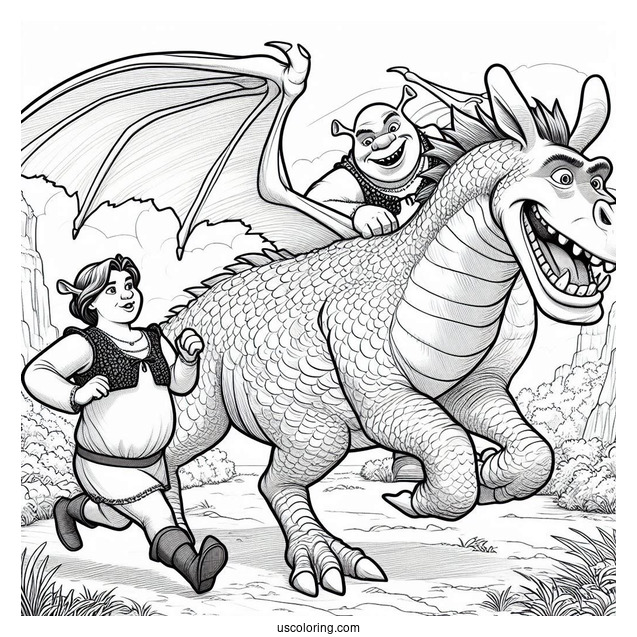 Shrek, Fiona And Donkey Running From Dragon