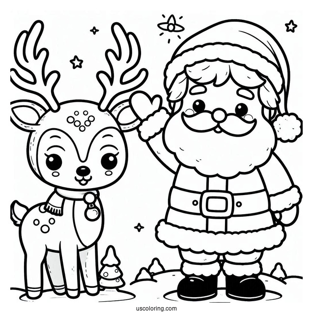 Cute Santa Waving With Rudolph Coloring Page Beside Him For Kids