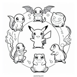 Pikachu, Charmander, Bulbasaur, Squirtle, And Mew Coloring Page In A Circle