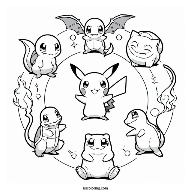 Pikachu, Charmander, Bulbasaur, Squirtle, And Mew Coloring Page In A Circle